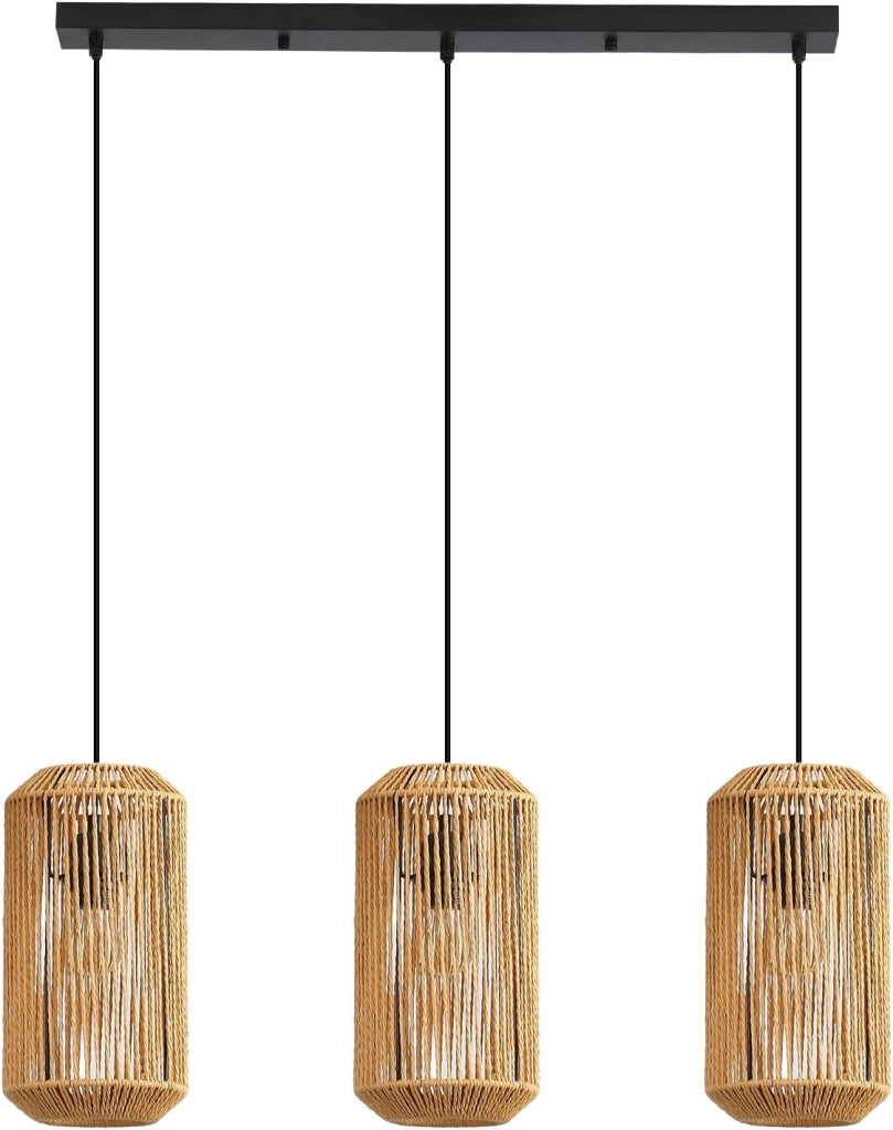 Lampada a sospensione ZMH nera a 3 luci in stile rattan vintage E27 (lampadina non inclusa)