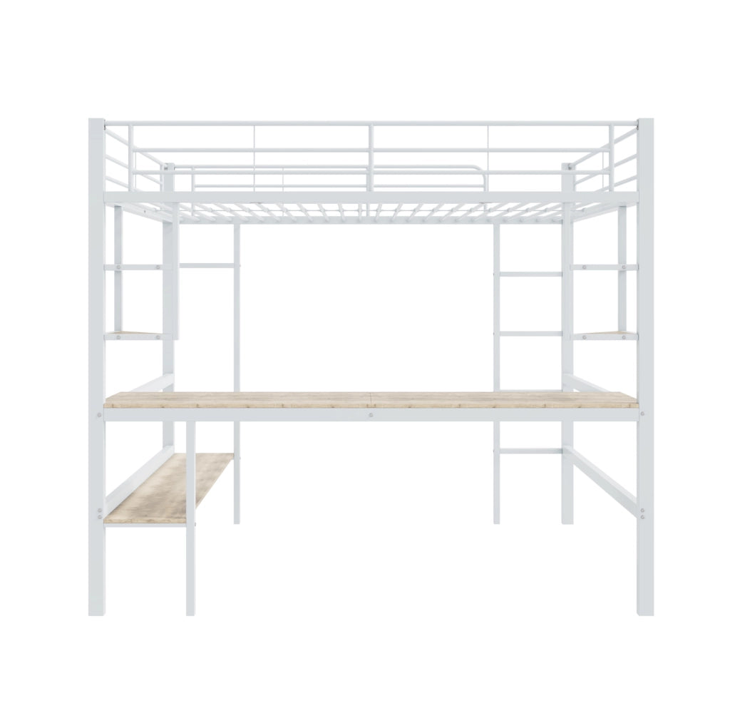Letto a soppalco in metallo bianco 140x200 cm con scrivania e scaffali integrati