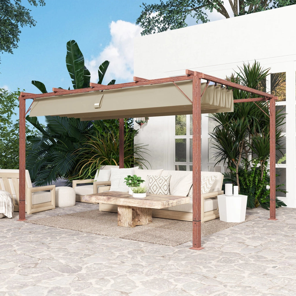 Gazebo Pergola da Giardino 382x300x232 cm con Tetto Retrattile in Poliestere e Alluminio color Legno