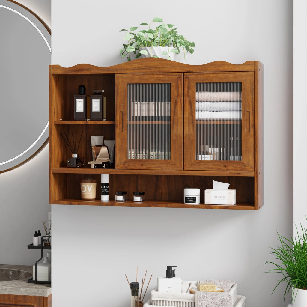 Mobiletto Scorrevole Retro 90 cm in Legno con 2 Ante e 3 Ripiani, Colore Marrone