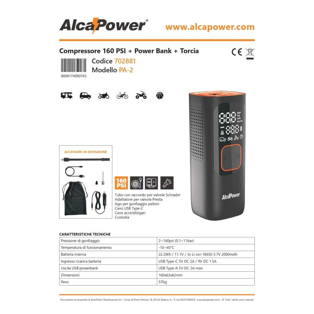 Alca power compressore 160 psi + power bank + torcia