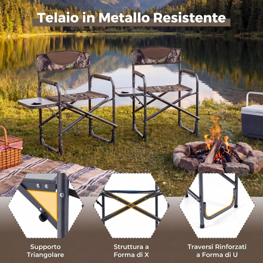 Sedia da Regista Imbottita con Tavolino, Ampio Sedile, Braccioli e Schienale, Sedia da Campeggio Pieghevole con Telaio Metallico per Eventi Sportivi e Pesca, Portata 180 kg (Mimetico)