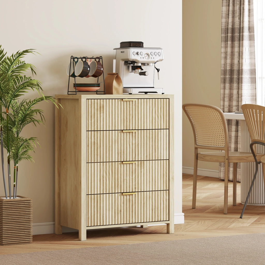 Cassettiera con 4 Cassetti Design Canettato 70x38x93 cm Maniglie Dorate in MDF Color Legno