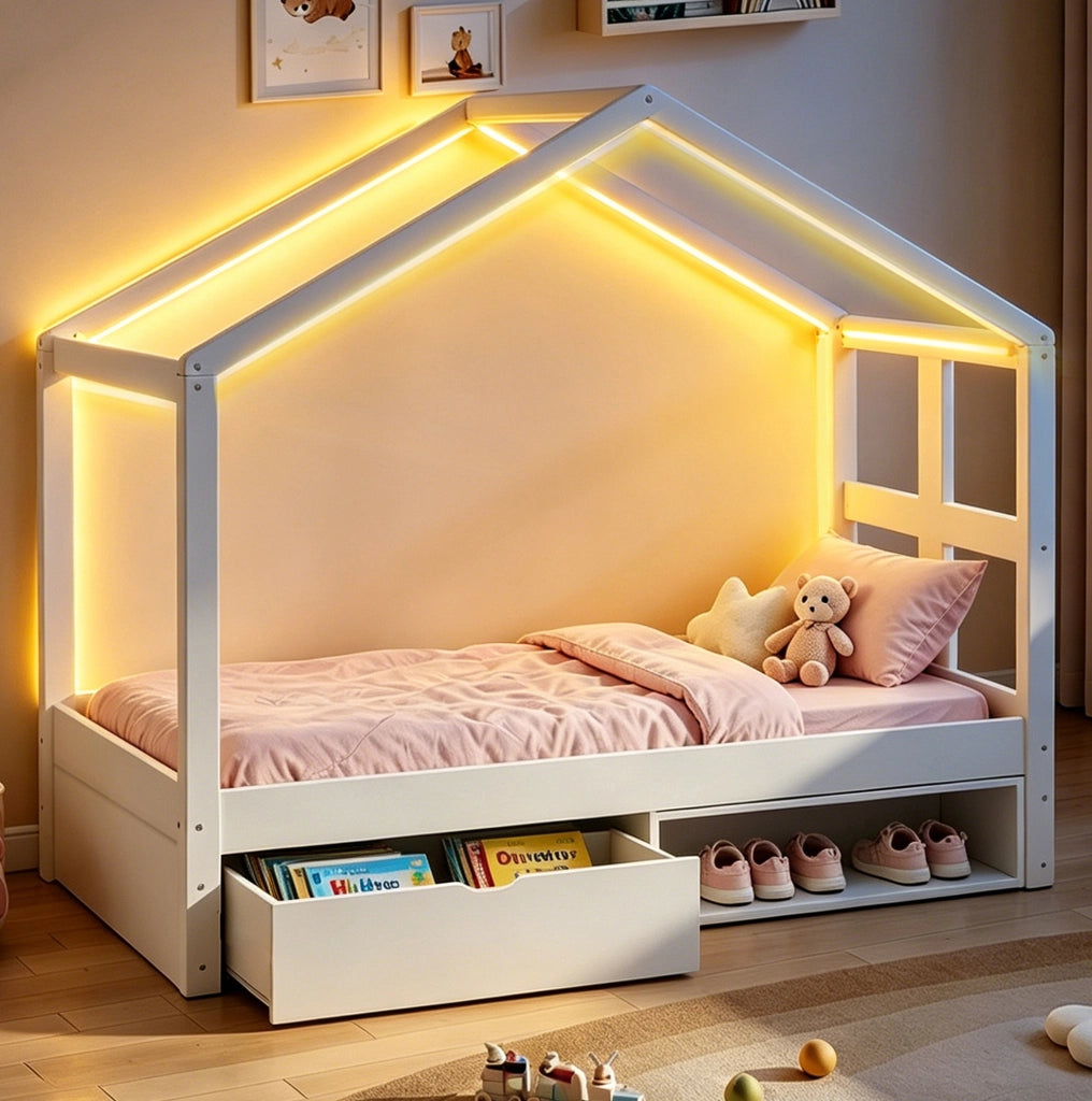 Letto singolo a casetta 90x190 cm con cassetto; scarpiera compatta e LED multicolore; bianco