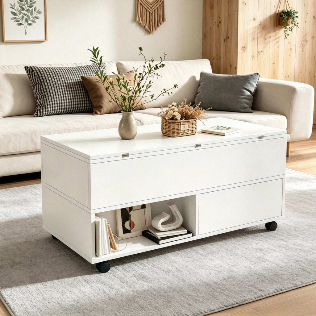 Tavolino basso sollevabile in truciolare con 4 cassetti, 2 vani aperti e rotelle, bianco, 100 × 50 × 52 cm