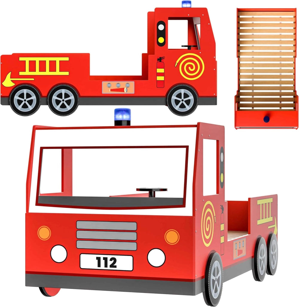 Deuba Letto per Bambini Pompieri 205x94,5x103cm Protezione Anticaduta Rete a doghe 100kg Lettino Bimbi Vigili del Fuoco