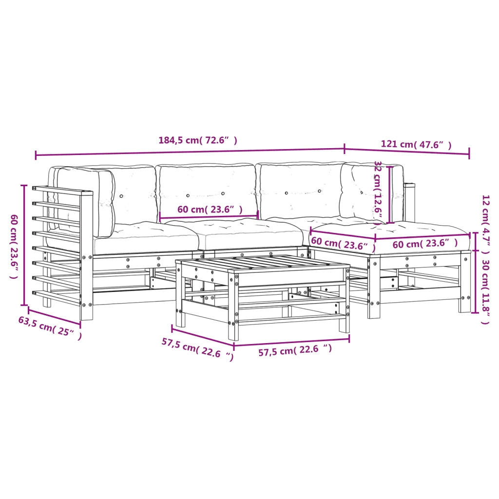 Set Divani da Giardino 5pz con Cuscini in Legno Massello Bianco 3185802
