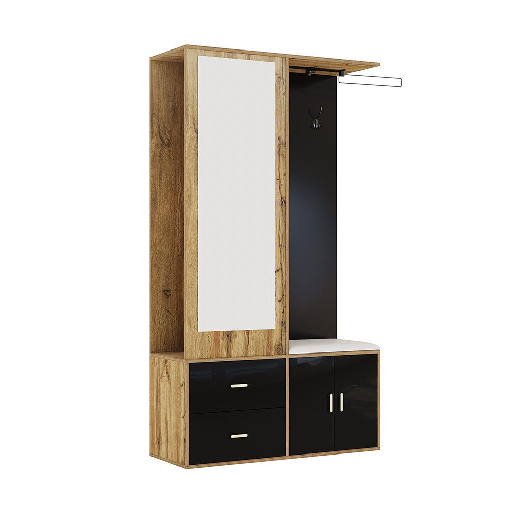 Armoire de chaussures ??l??gante - Xylo - Noir et bois avec miroir, banc et cintres