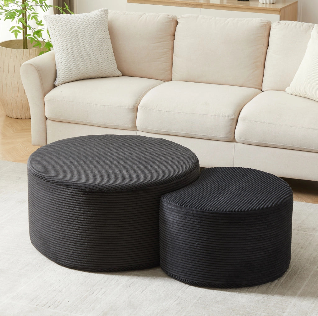 Set di 2 tavolini pouf rotondi in tessuto nero