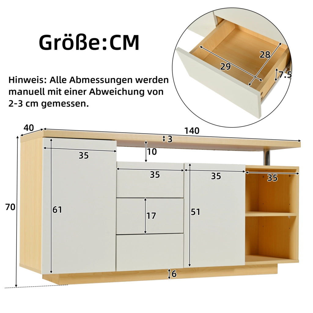 Credenza 140x40x70 cm con illuminazione LED e spazio contenitivo in truciolato bianco e rovere chiaro
