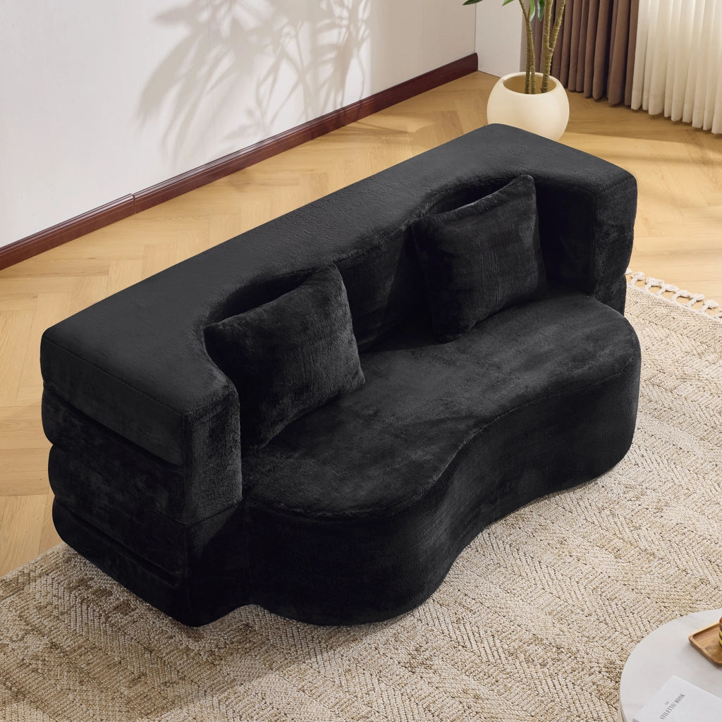 Divano letto pieghevole 2 posti con funzione letto e 2 cuscini in tessuto effetto peluche nero