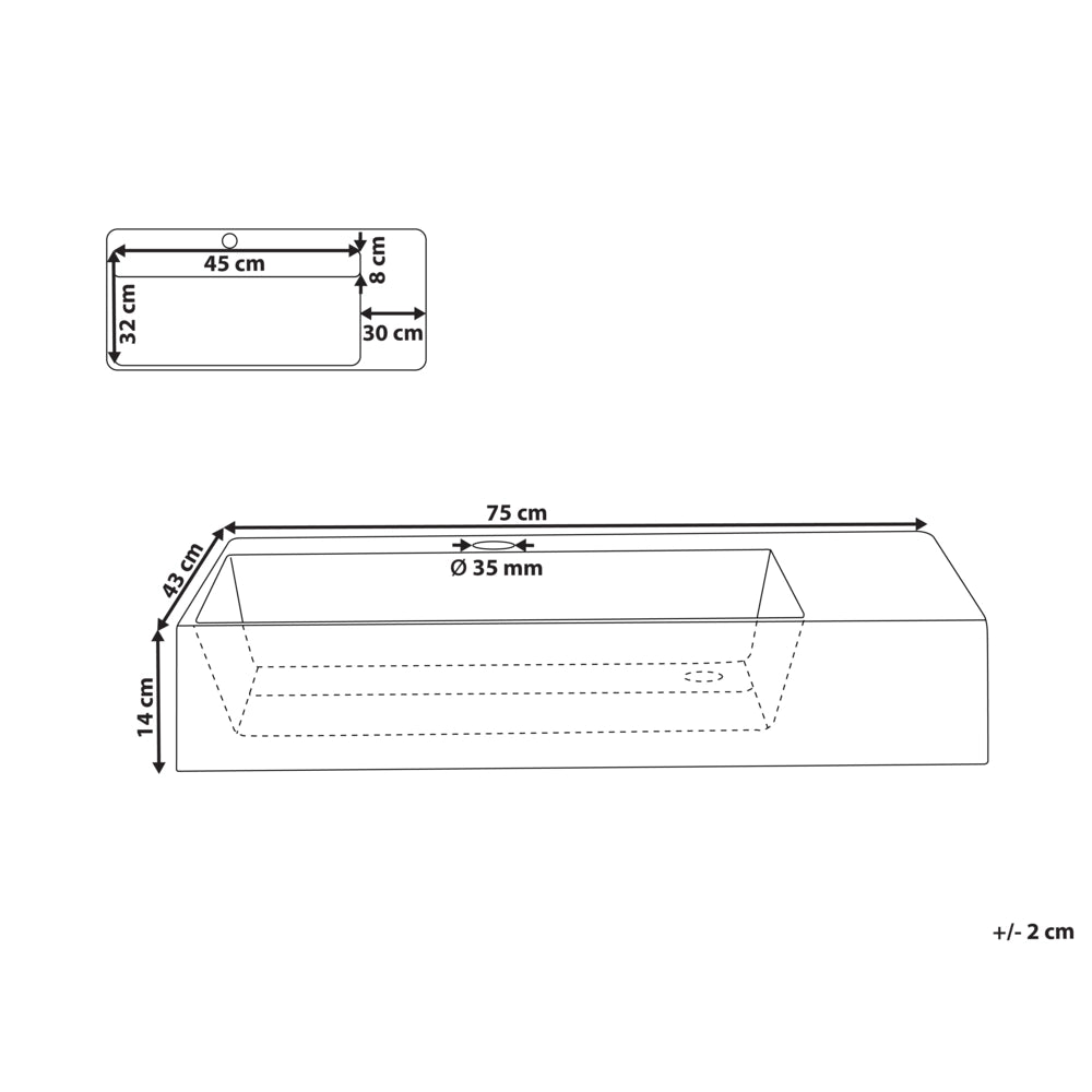 Lavabo bagno rettangolare in ceramica bianco 75 x 43 cm Lavello da bagno rettangolare