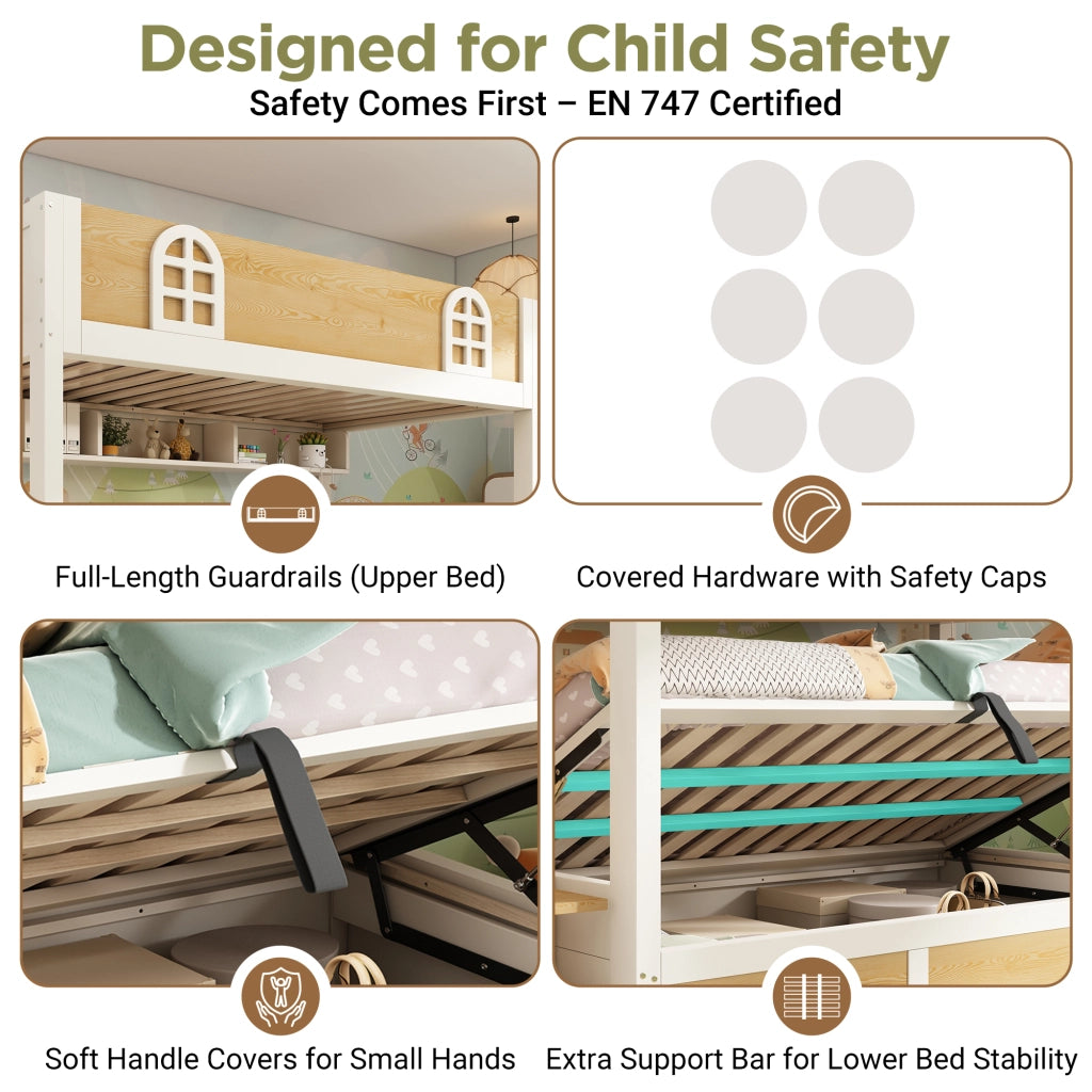 Letto a castello 90x200 cm per bambini con scala contenitore e vano sollevabile; MDF bianco e naturale