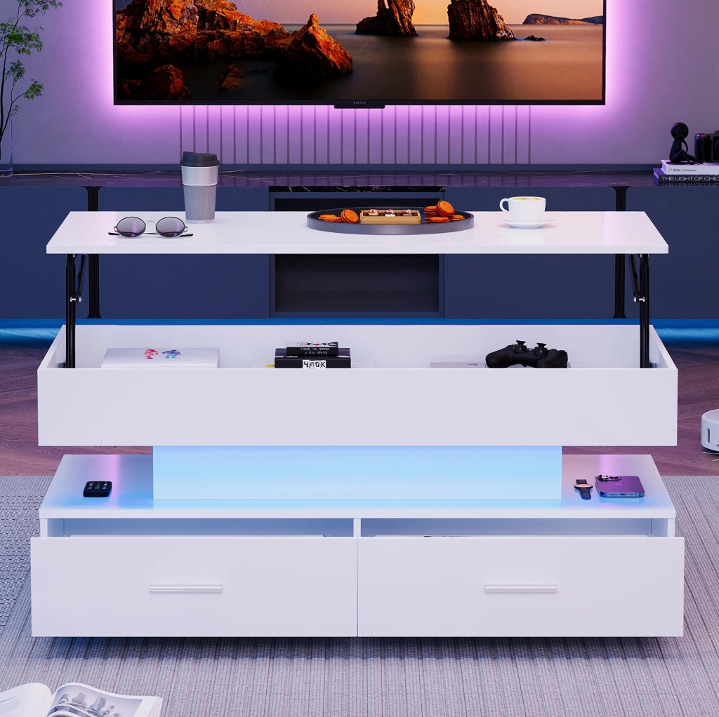 Tavolino da caffè idraulico bianco con LED, 2 cassetti, 100x50 cm