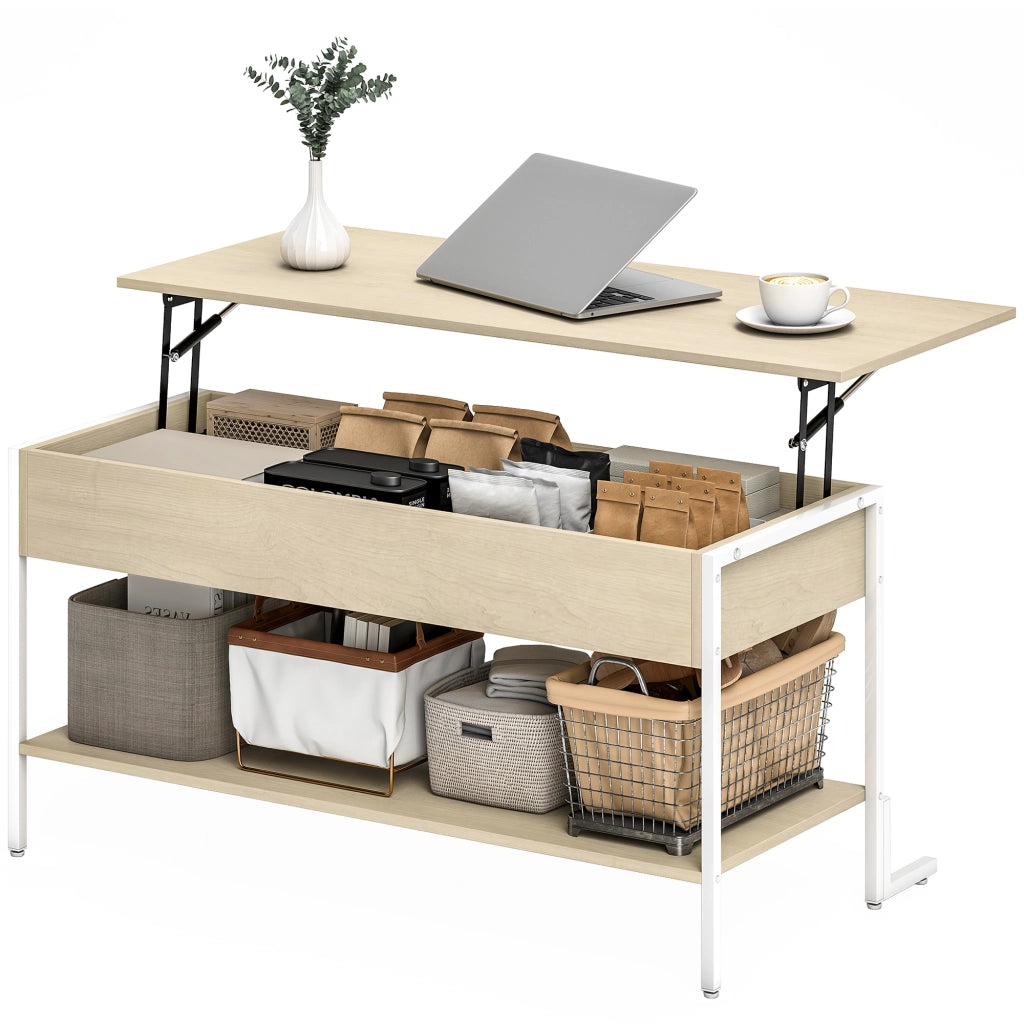 Tavolino da caff¨¨ con cerniera soft close e ripiano aperto ¨C zephmum ¨C 95x40x59 cm naturale e bianco