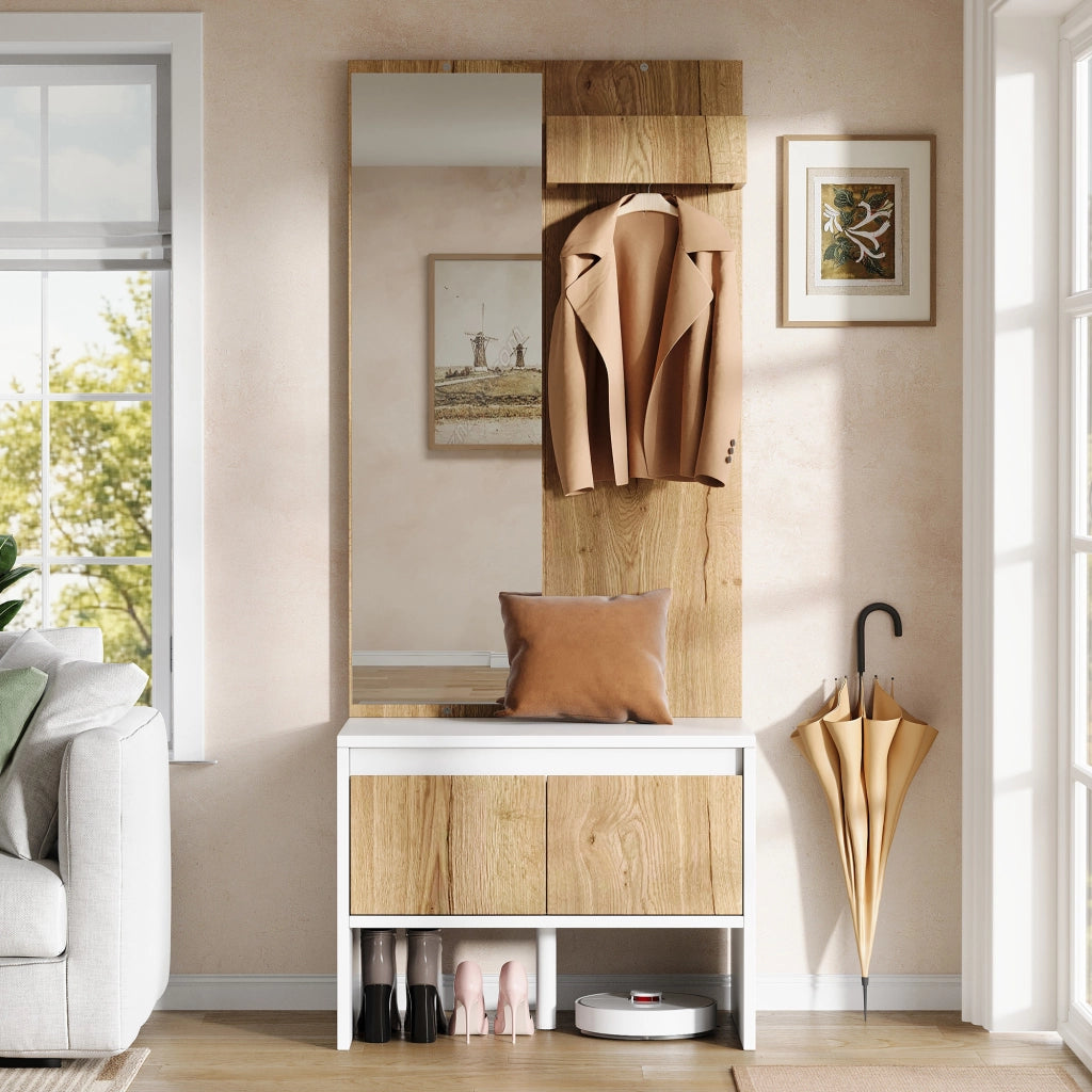 Set ingresso salvaspazio con appendiabiti, ganci, specchio, panca portascarpe e 2 cassetti, bianco e naturale, 60¡Á38¡Á145 cm