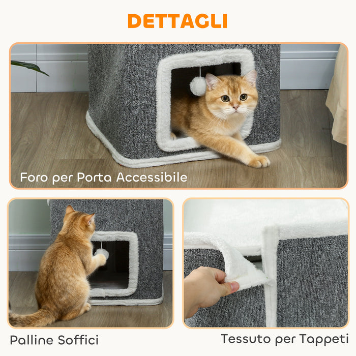 Torre per Gatti con 3 Casette Palline e Posatoio 41x41x100 cm in Legno Tessuto e Peluche Grigio e Bianco