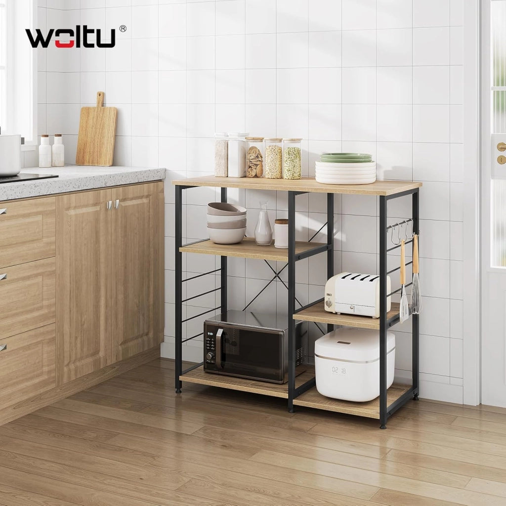 Scaffale da Cucina con 5 Ripiani in Legno, Supporto per Microonde con 4 Ganci, Struttura in Metallo & Legno, 90x40x83,5 cm, Rovere Chiaro+Nero