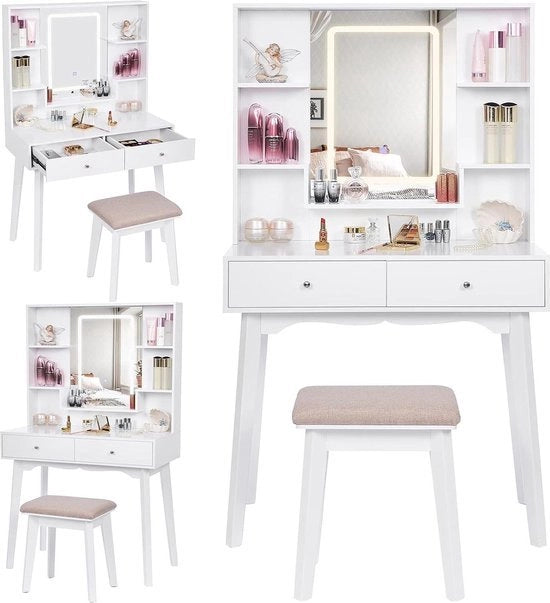 Tavolo da trucco con illuminazione e sgabello - illuminazione LED - tavolo da trucco - tavolo 5 contenitori - tavolo per bambine - tavolo con specchio e sgabello - bianco