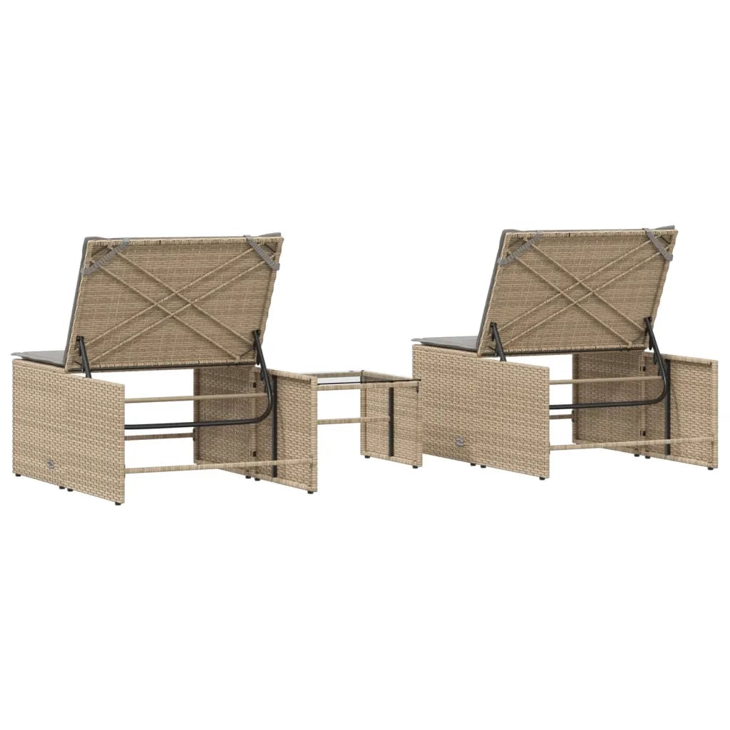 Lettini prendisole 2 pz con tavolo beige in polyrattan 368425