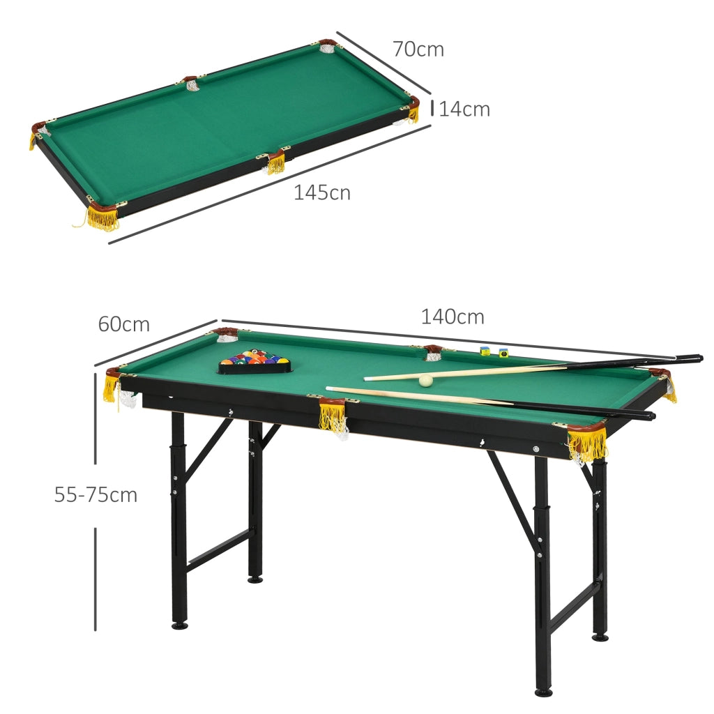 Tavolo da Biliardo ad Altezza Regolabile con Accessori 140x60x55-75 cm in MDF e Acciaio Verde