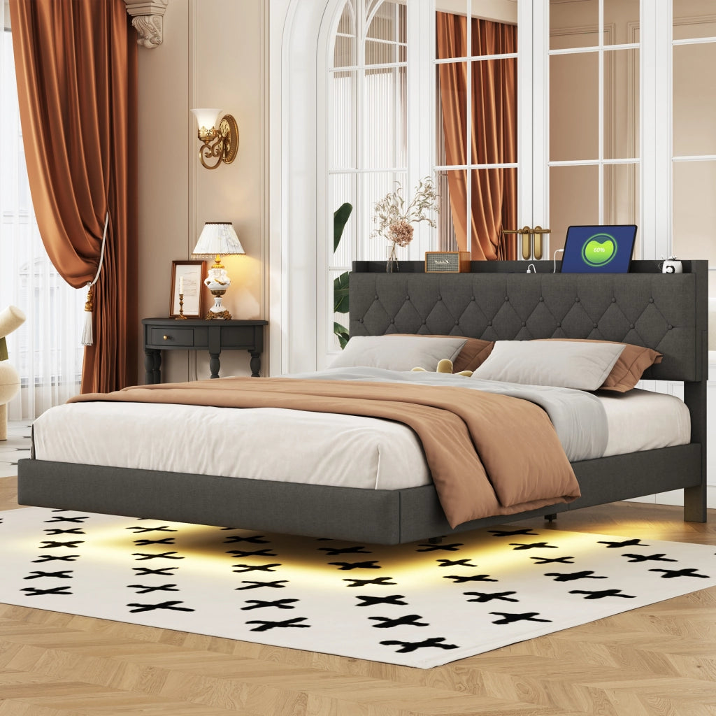 Letto imbottito matrimoniale 160×200 cm con USB; LED multicolore e contenitore; senza materasso; grigio
