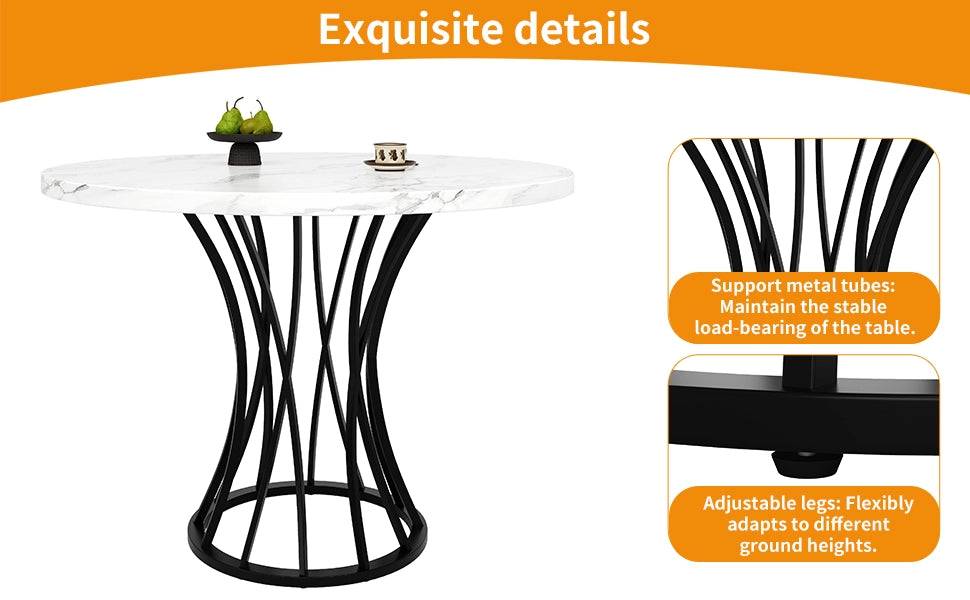 Tavolo da Pranzo Rotondo ¨C MINIMAL ¨C Piano MDF Effetto Marmo, Gambe Nere, 80x80x76 cm