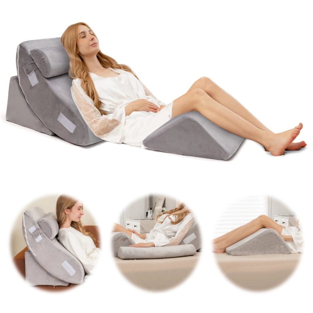 Cuscino a cuneo in memory foam per letto con 4 pezzi, Set di cuscini di sostegno regolabile con poggiatesta Grigio-Cuscini