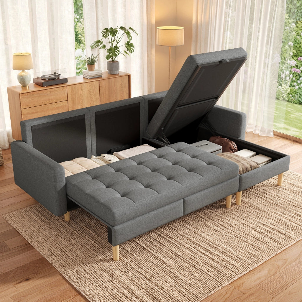 Divano angolare 3 posti con chaise longue reversibile e vano contenitore in tessuto grigio
