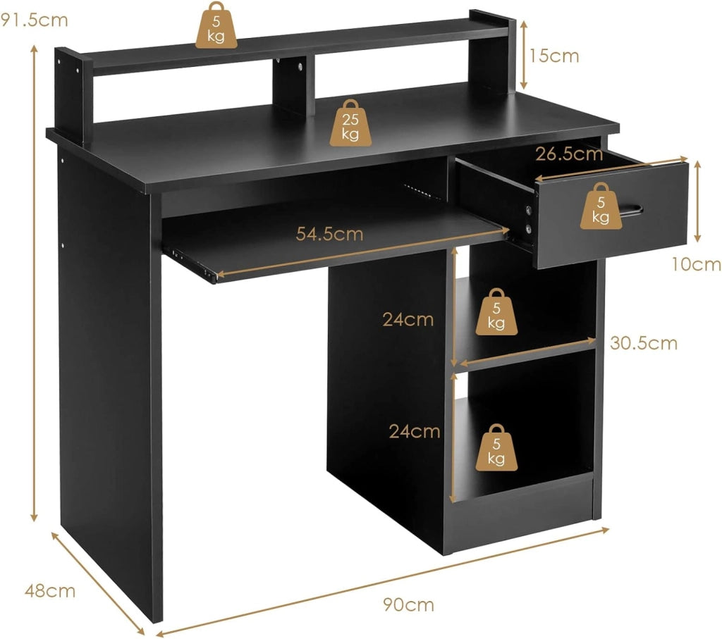 Scrivania per Computer, Tavolo da Lavoro con Supporto per Monitor, Tavolo da Ufficio Moderno con Cassetto e Ripiani, Scrivania per Computer con Spazio (Nero)