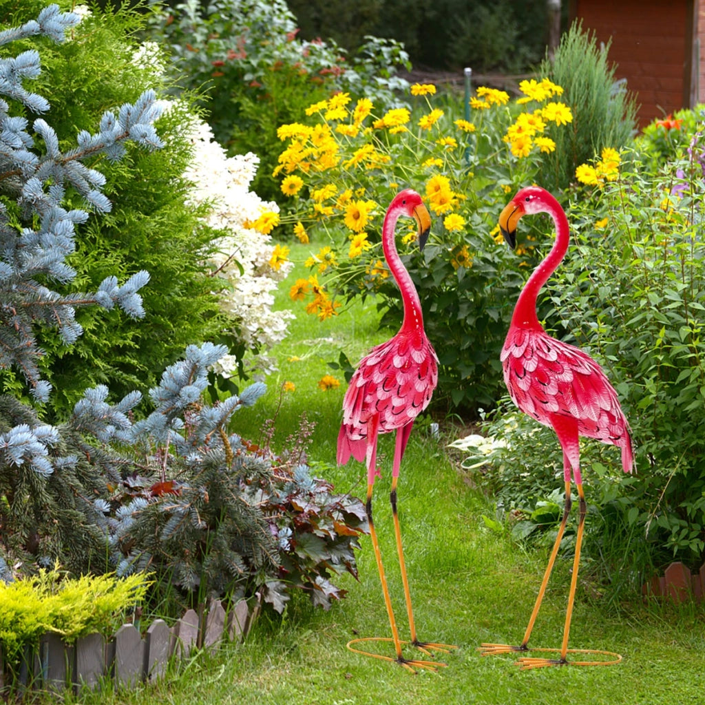 Statua scultura fenicottero da 2 pezzi con telaio in metallo, Fenicottero ornamentale per cortile giardino-Decorazioni da giardino