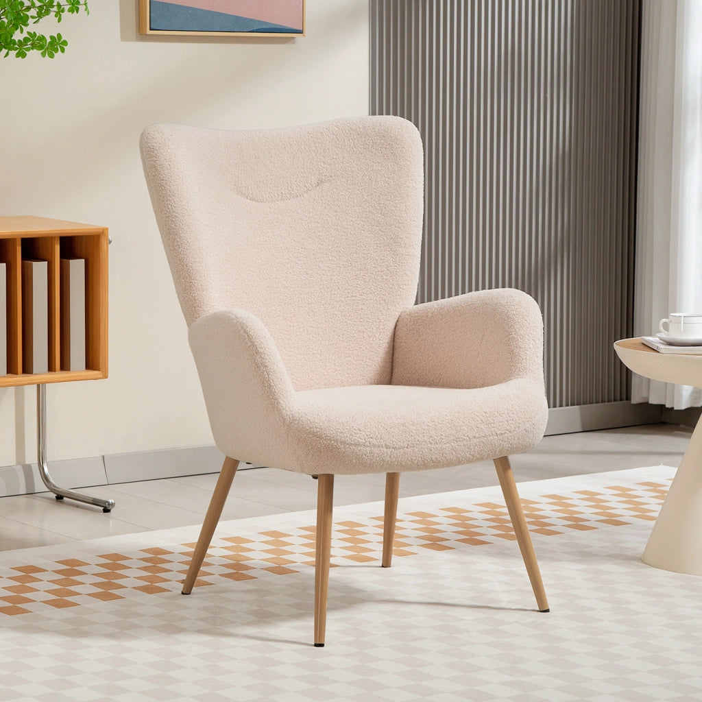 Poltrona per Salotto Moderna 71x74x97,5 cm con Schienale Alto in Tessuto Sherpa Beige