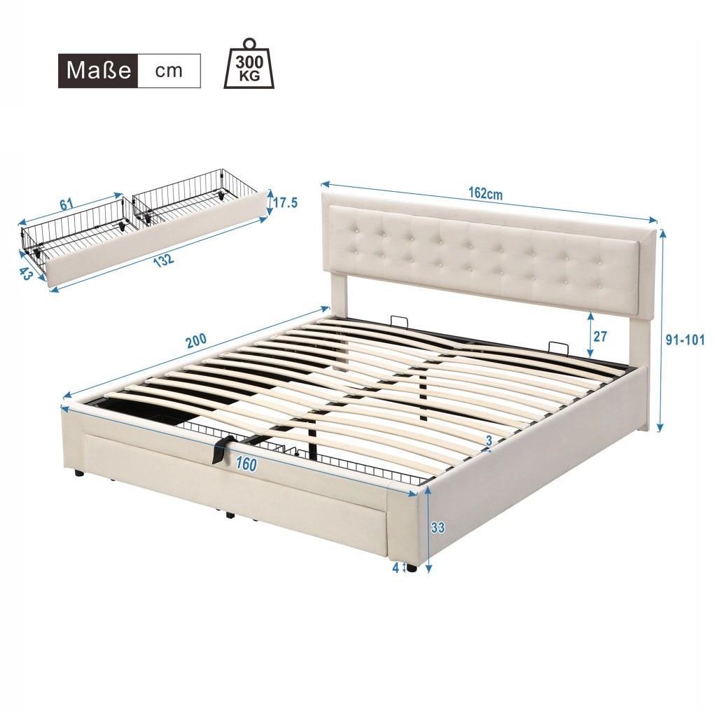 Letti contenitori 160x200 cm; contenitore e testiera regolabile; velluto beige