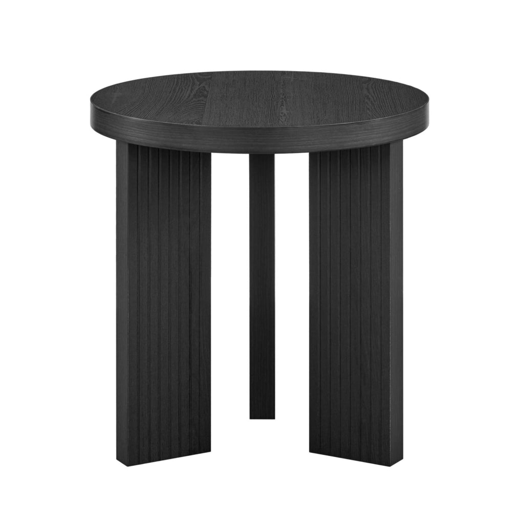 Tavolino rotondo a 3 gambe in MDF con scanalature verticali; nero