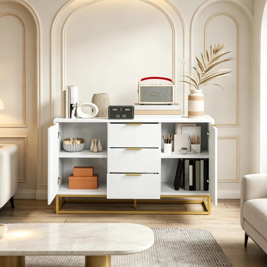 Credenza e madia con 2 ante, 3 cassetti e ripiano regolabile, per sala da pranzo, in MDF e metallo, bianco oro, 120 × 40 × 76 cm