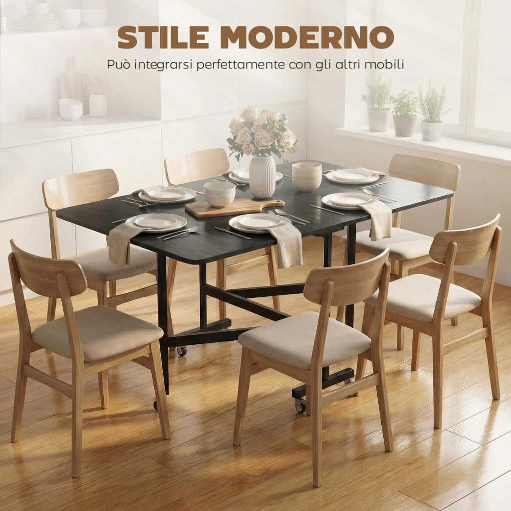 Tavolo Pieghevole per 4-6 Persone 120x80x73 cm con 2 Ribalte e Ruote con Freno Struttura in Acciaio Nero Effetto Legno