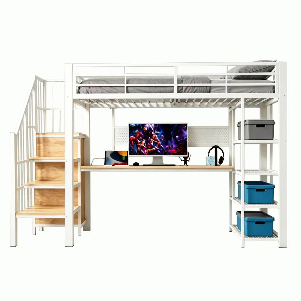 Letto a soppalco 90x200 cm con scrivania, LED e prese