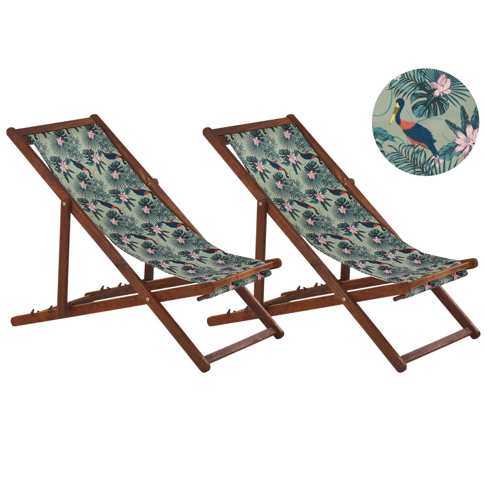 Set di 2 sedie a sdraio da giardino con struttura in legno di acacia scuro con motivo pellicano sedile ad amaca reclinabile