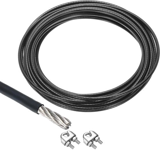Cavo di acciaio inossidabile 10 m x 5 mm con chiusura a molla e viti a vite - per sollevare asciugamani - nero - materiale duraturo