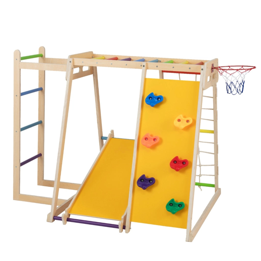 Parco giochi bambini 6 in 1 legno set arrampicata con scivolo, Parco giochi bambini arrampicata e canestro basket Colorato-Arrampicate e scivoli