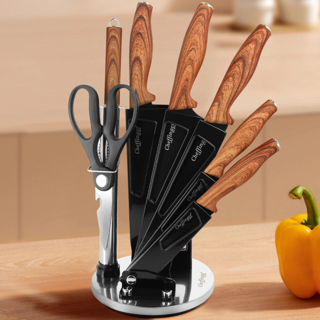 Set coltelli 7 pezzi manico effetto legno con supporto Nero Cheffinger