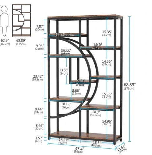 Libreria geometrica 95x30x175 cm metallo nero e legno marrone， 9 ripiani