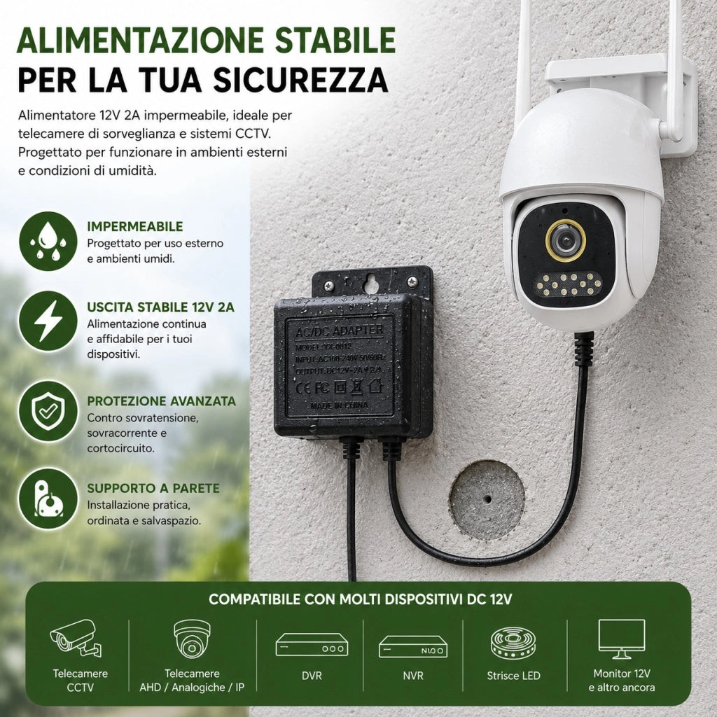 Alimentatore 12V 2A Stabilizzato Impermeabile per Telecamere CCTV LED 5.5x2.1