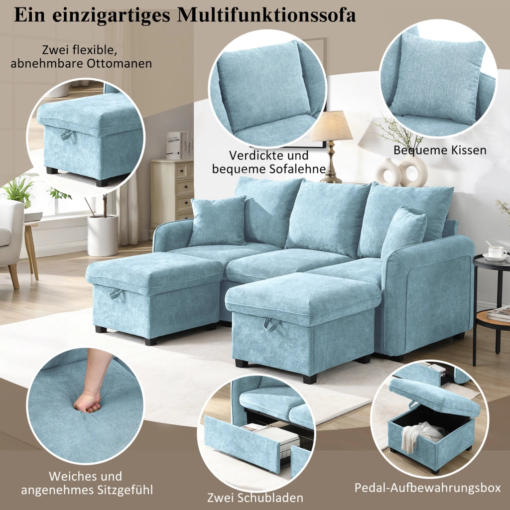 Divano angolare a U convertibile con funzione letto e contenitore, in chenille blu con pouf portaoggetti 3 pezzi