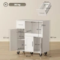 Mobiletto Microonde in Legno con Cassetto, 2 Armadietti, Ripiano Aperto e Piano Regolabile, 80x40x88.7 cm, Bianco
