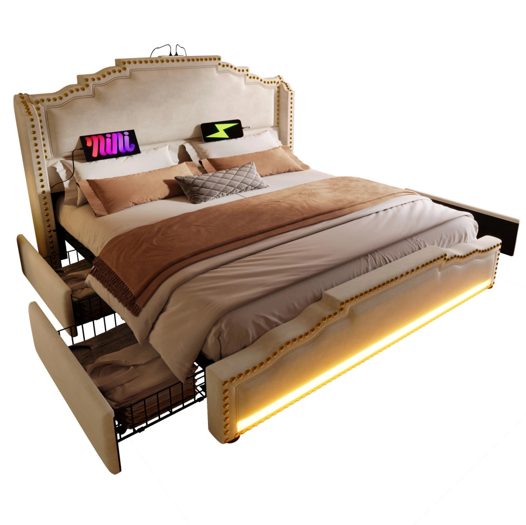 Letto matrimoniale 160x200 cm in velluto beige con LED; porte USB e Type-C; 4 cassetti