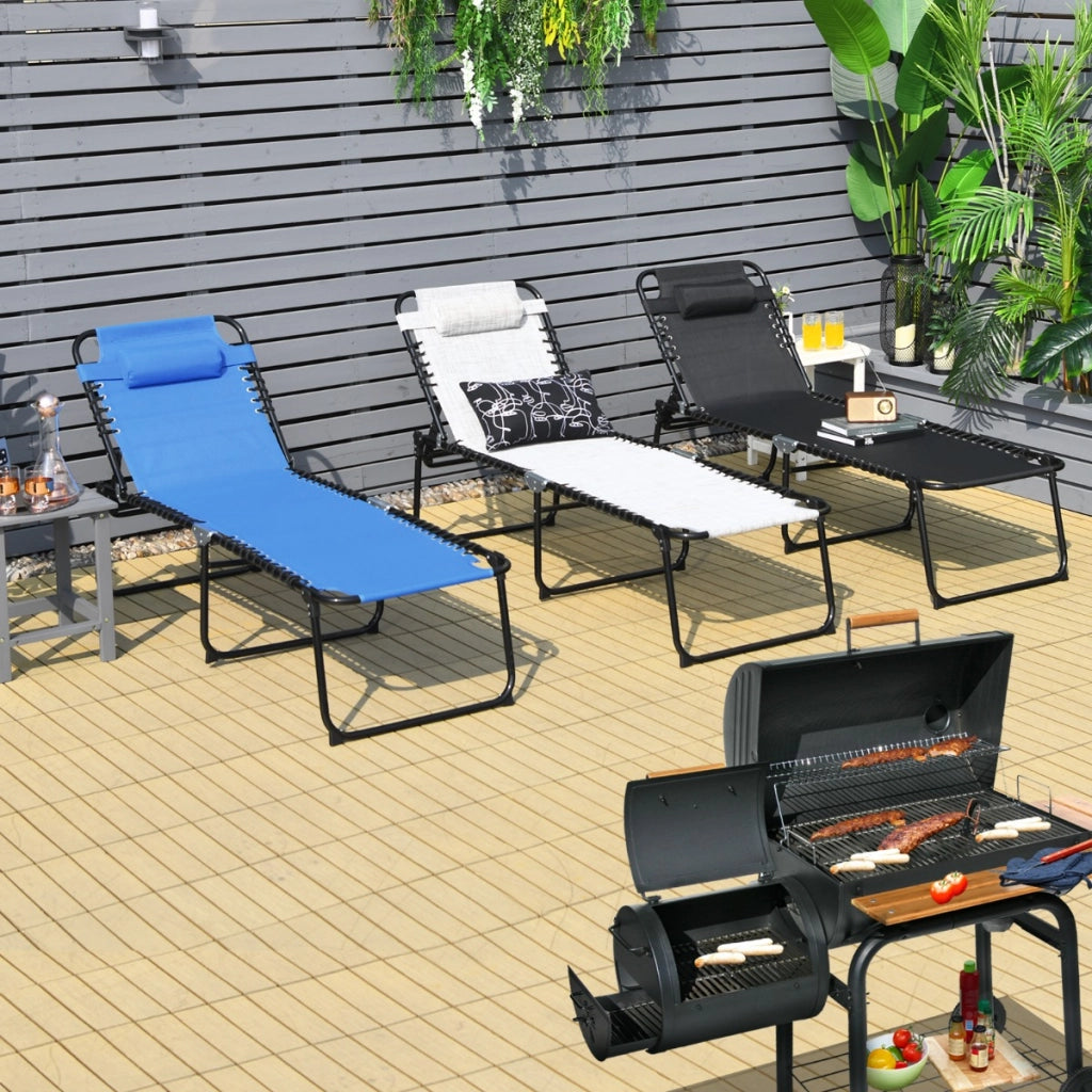 Chaise longue pieghevole con poggiatesta rimovibile, Sedia reclinabile da spiaggia con schienale regolabile Nero-Poltrone e sdraio