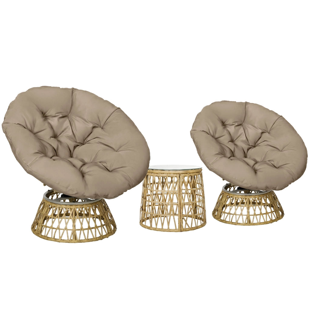 Set da giardino 3 pezzi con 2 poltrone papasan girevoli e 1 tavolino tondo in resina poliestere intrecciata ¨C zephmum ¨C grigio