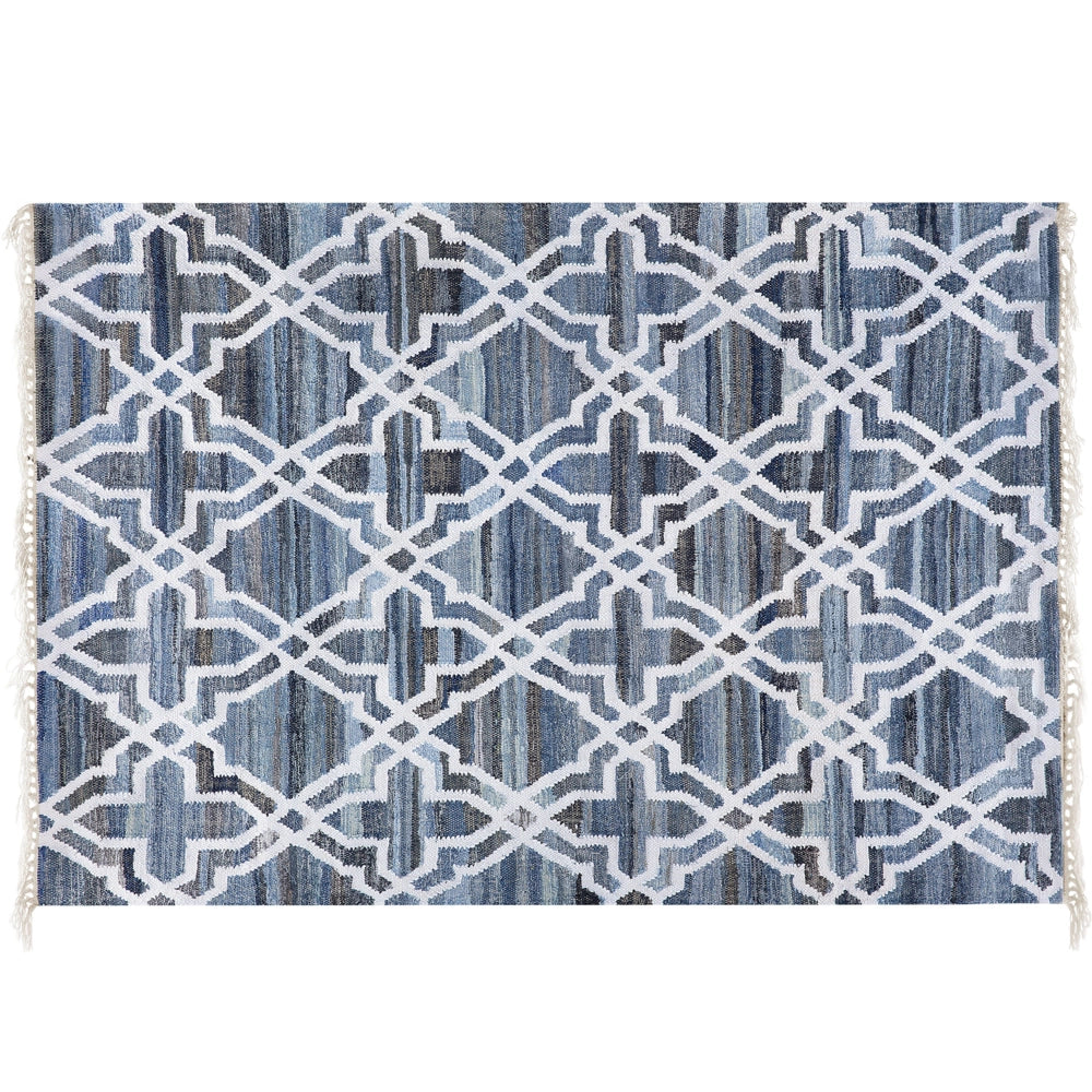 Tappeto Iuta Blu 140 x 200 cm Traliccio Quadrifoglio Intrecciato a Mano Orientale Marocchino Trifoglio