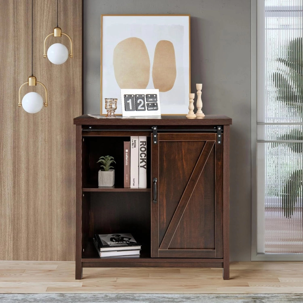Mobile Laterale Divano con Piano Superiore Ampio e 4 Scomparti, Porta Scorrevole, 4 Piedini Antiscivolo, Credenza Elegante per Cucina, Ingresso, Camera da Letto, Marrone